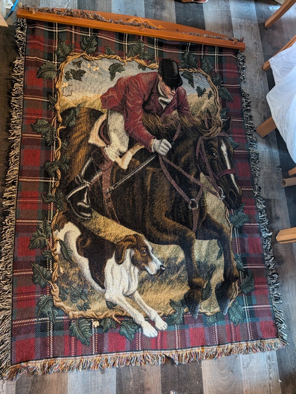 Vintage Red, Brown, Black Equestrian Hunting Scene Wall Tapestry